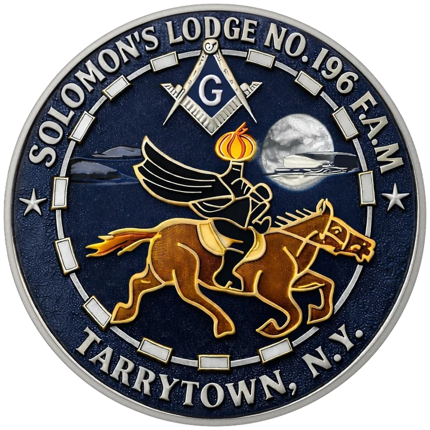 The renewed 2026 emblem of Solomon's Lodge No. 196, the Headless Horseman in full color